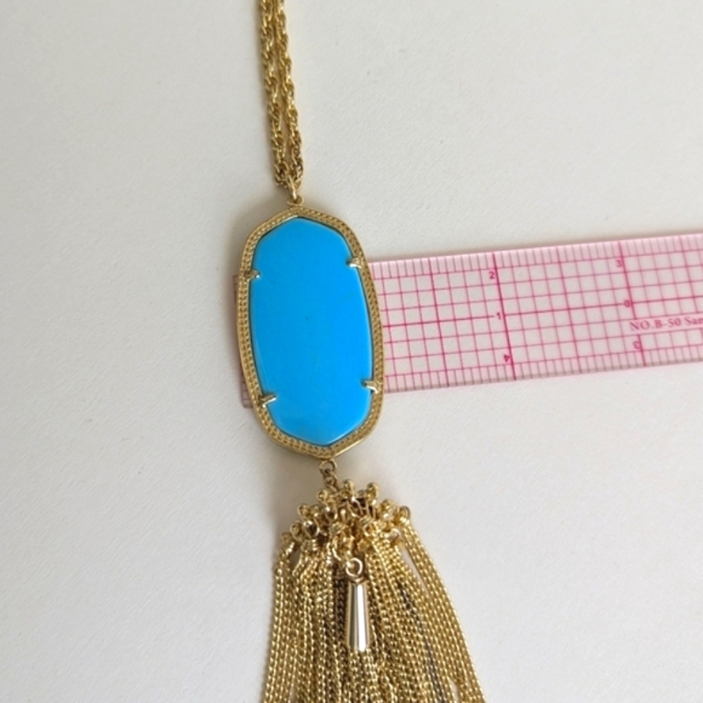 Kendra Scott Gold Necklace with Bright Turquoise Blue Pendant and Tassel - Picture 8 of 10